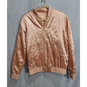 Lady Gaga Womens Satin Bomber Jacket Solid Pink Full Zip Embroidered Front L NWT